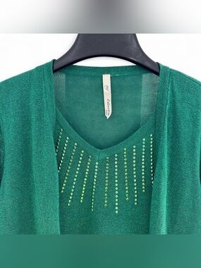 NY Collection PXL Sweater Top Green Metallic Glitter Studded 2-in-1 Mock Layer